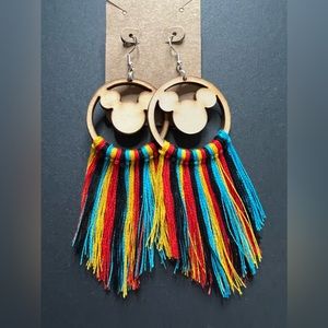 034 Custom Handmade Earrings w/ Wooden Mickey Mouse Head w/ Multicolored Fringe